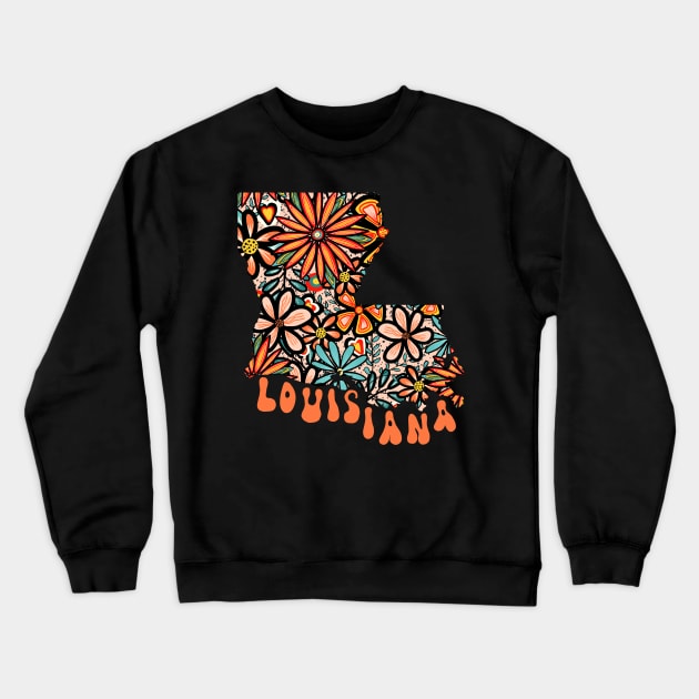 Louisiana State Design | Artist Designed Illustration Featuring Louisiana State Outline Filled With Retro Flowers with Retro Hand-Lettering Crewneck Sweatshirt by MarcyBrennanArt